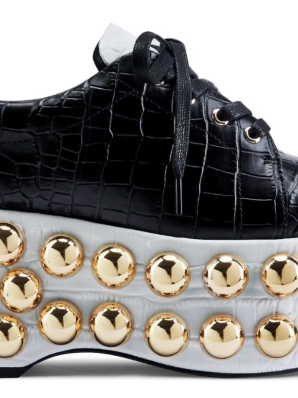 Jennifer Le Black Croc-Embossed Platform Sneaker with Gold Studs